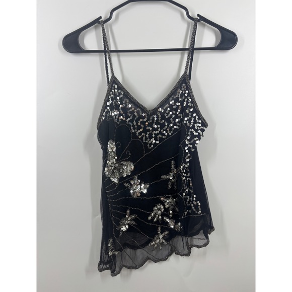Betsey Johnson Tops - Vintage Black Mesh Sequin Butterfly Camisole Top Beaded Asymmetrical Hem M L